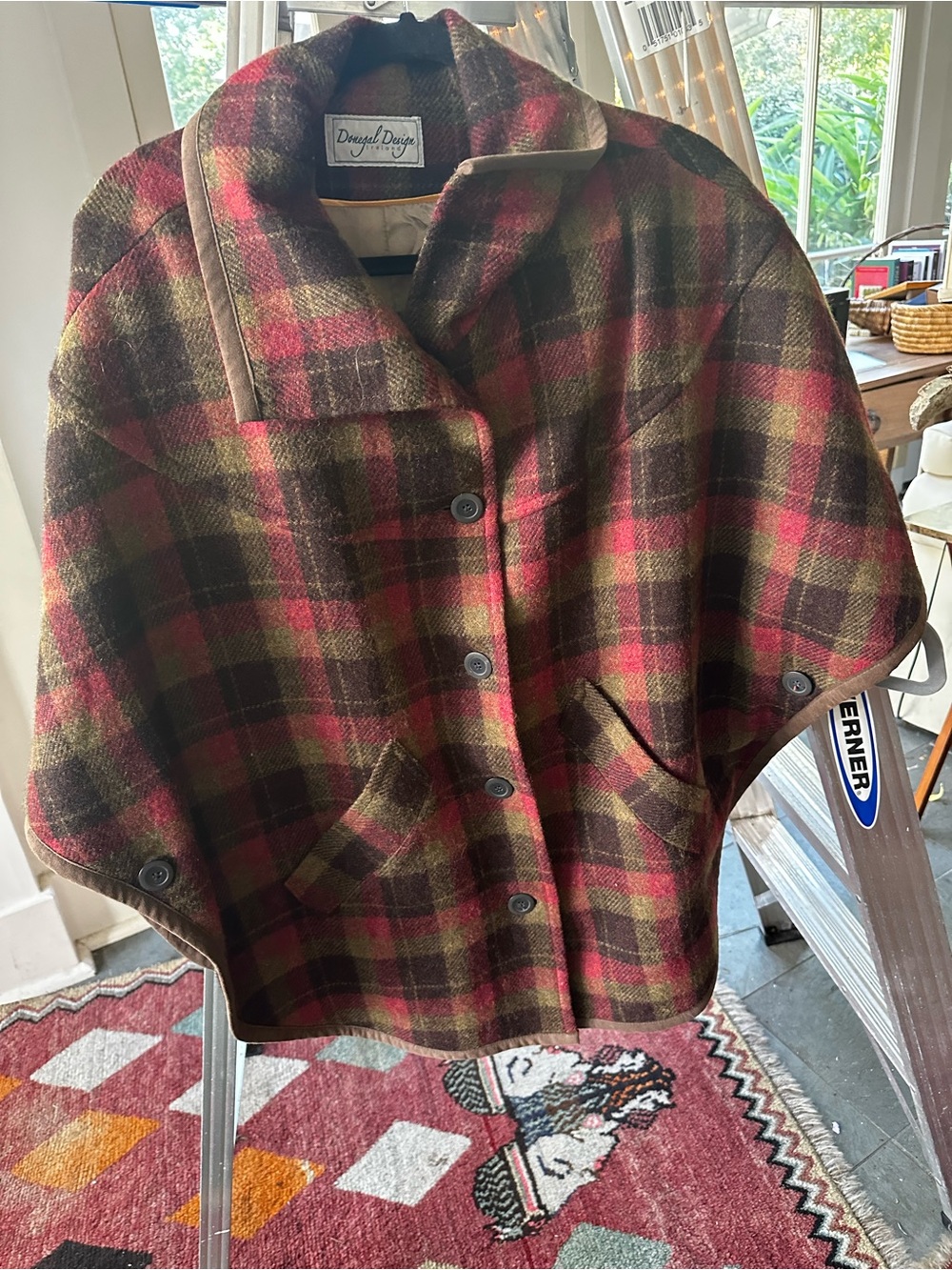 Draped Plaid Button-Front Cape in Red & Brown by